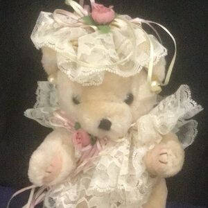 Victorian Style Collectible Bear In White Lace Handmade Dress Jointed Limbs NWOT